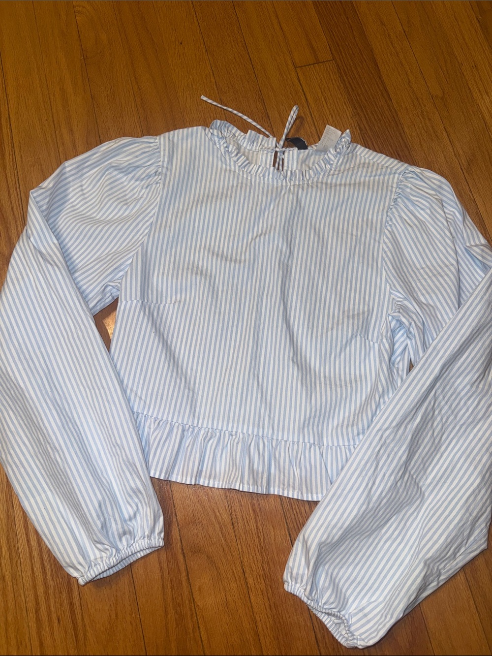 Divided Light Blue & White Striped Ruffle-Neck Puff Sleeve Blouse